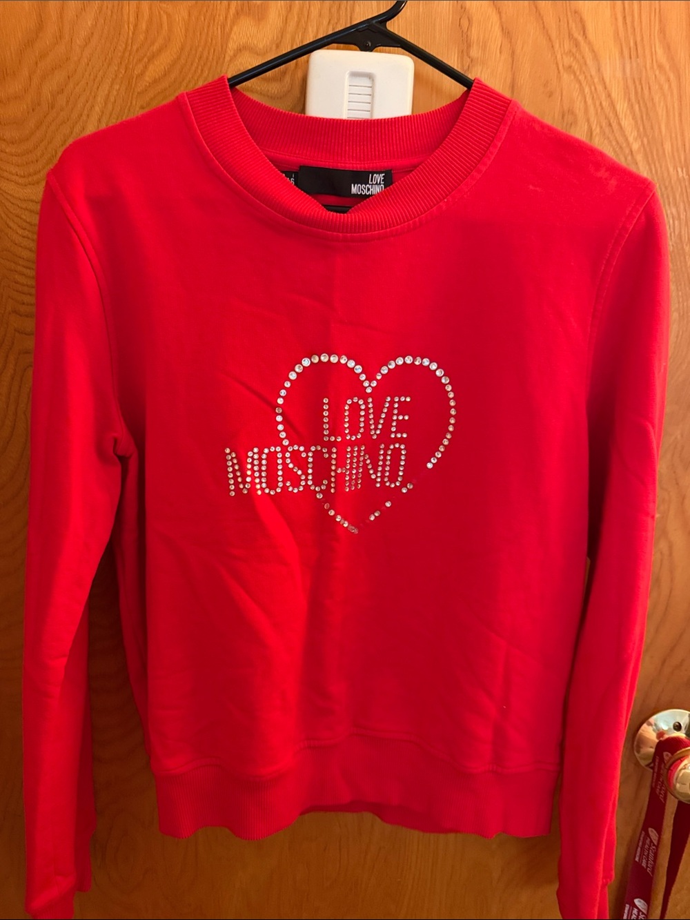 Love Moschino Red Crystal Heart Logo Crewneck Sweatshirt